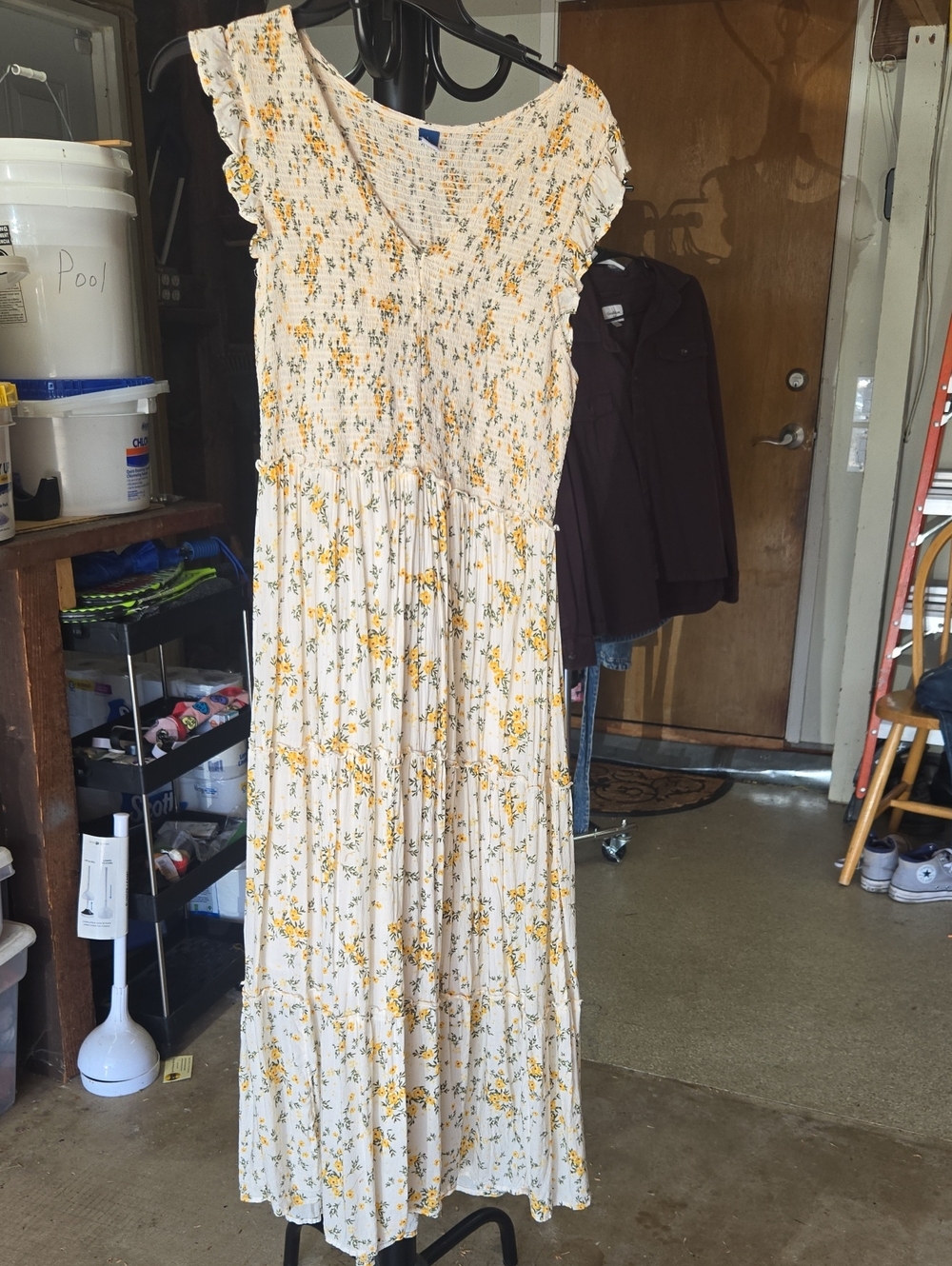 Cottagecore Cream Dress with Yellow and Green Floral Print L